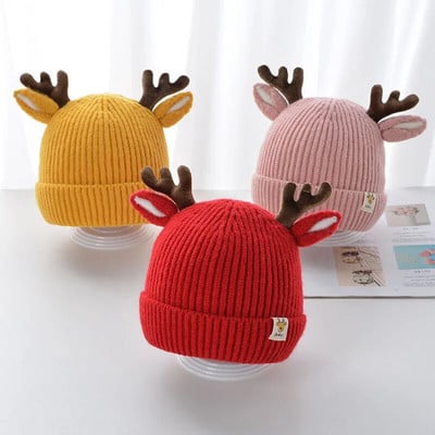 Drăguț de desene animate Antlers pălărie tricotată pentru bebeluși Căciulă caldă de iarnă pentru sugari, băieți, fete, Kawaii, culoare uni, căprior, elan, pălării croșetate pentru copii mici