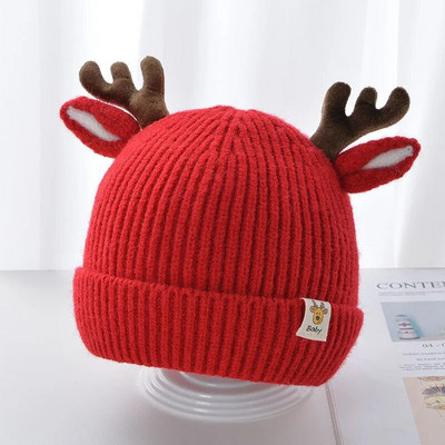 Drăguț de desene animate Antlers pălărie tricotată pentru bebeluși Căciulă caldă de iarnă pentru sugari, băieți, fete, Kawaii, culoare uni, căprior, elan, pălării croșetate pentru copii mici