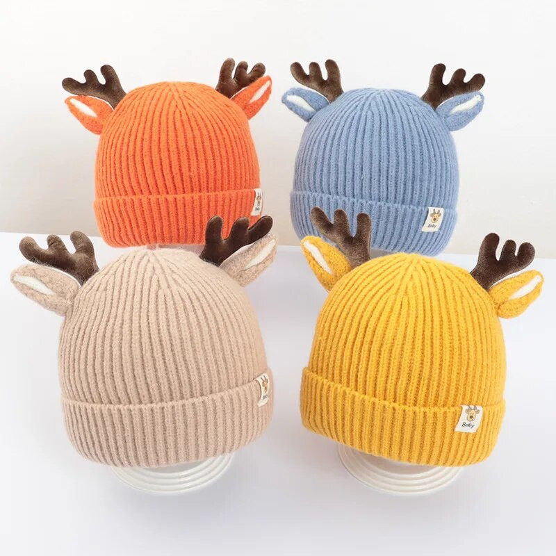 Drăguț de desene animate Antlers pălărie tricotată pentru bebeluși Căciulă caldă de iarnă pentru sugari, băieți, fete, Kawaii, culoare uni, căprior, elan, pălării croșetate pentru copii mici
