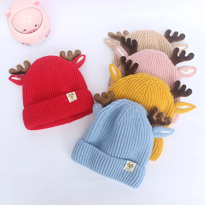 Drăguț de desene animate Antlers pălărie tricotată pentru bebeluși Căciulă caldă de iarnă pentru sugari, băieți, fete, Kawaii, culoare uni, căprior, elan, pălării croșetate pentru copii mici