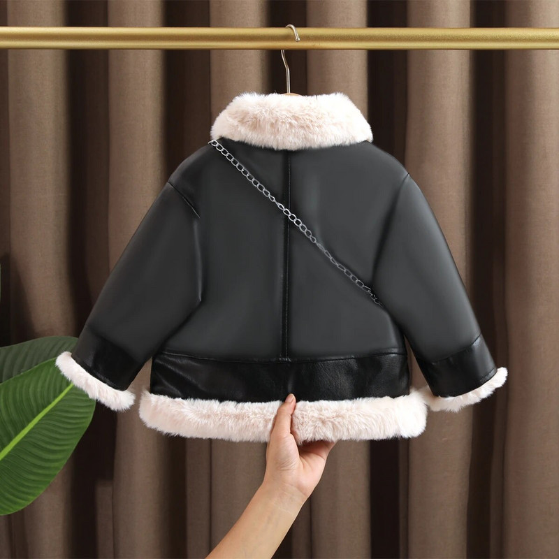 Κοντό δερμάτινο μπουφάν για κορίτσια 2023 Φθινόπωρο Χειμώνας Νέο Baby's Velvet Thicked Pu Outerwear Fashion Παιδικά Ζεστά Παλτό Μοτοσικλέτας