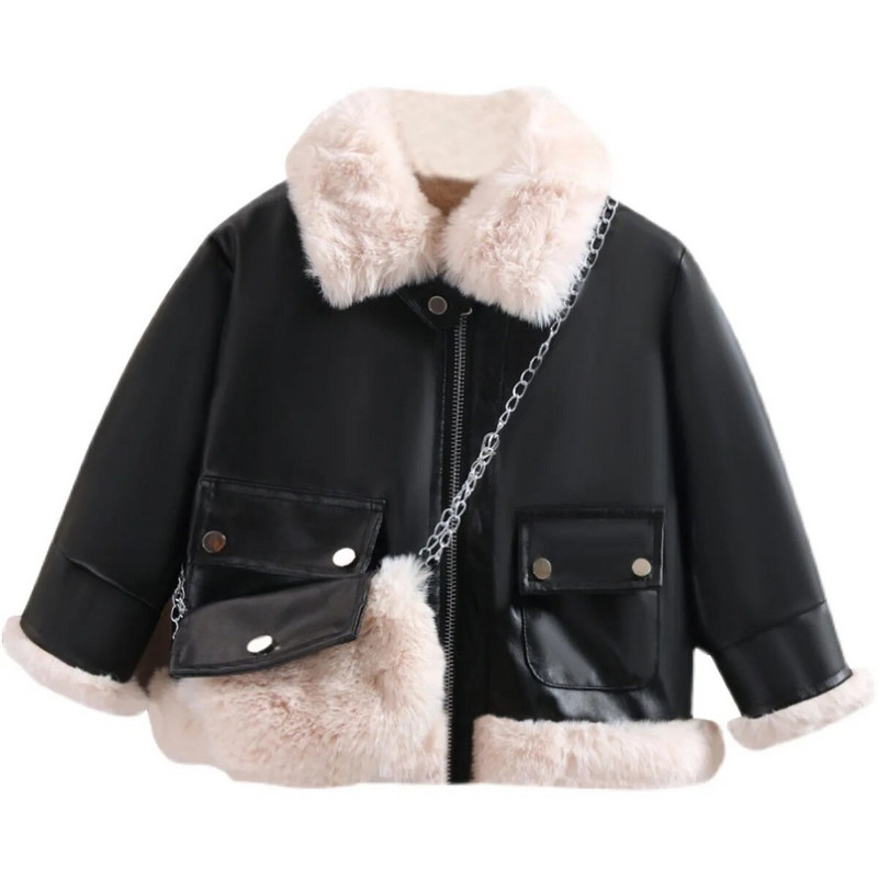 Κοντό δερμάτινο μπουφάν για κορίτσια 2023 Φθινόπωρο Χειμώνας Νέο Baby's Velvet Thicked Pu Outerwear Fashion Παιδικά Ζεστά Παλτό Μοτοσικλέτας