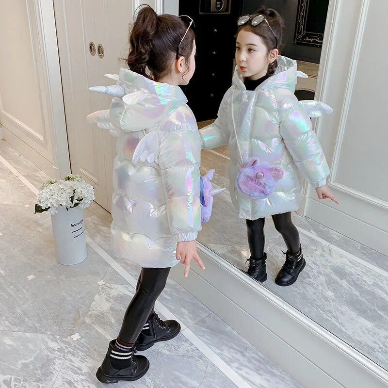 Punjačka jakna za djevojčice od 2-12 godina Slatka jednorogova zimska jakna s kapuljačom biserne boje za djevojčice Dugi kaput Vodootporna dječja odjeća