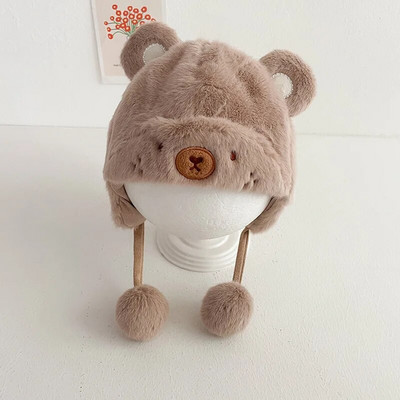 Kūdikiui minkšta pliušinė šilta kepurė žiema berniukui mergaitei miela animacinių filmų meškiukas pūkuotas kailiukas kepuraitė lauke stora ausų apsauga gaubtas