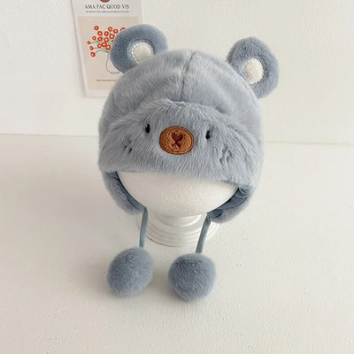 Kūdikiui minkšta pliušinė šilta kepurė žiema berniukui mergaitei miela animacinių filmų meškiukas pūkuotas kailiukas kepuraitė lauke stora ausų apsauga gaubtas