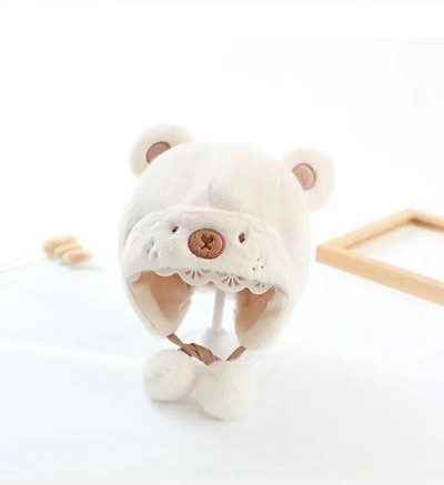 Kūdikiui minkšta pliušinė šilta kepurė žiema berniukui mergaitei miela animacinių filmų meškiukas pūkuotas kailiukas kepuraitė lauke stora ausų apsauga gaubtas