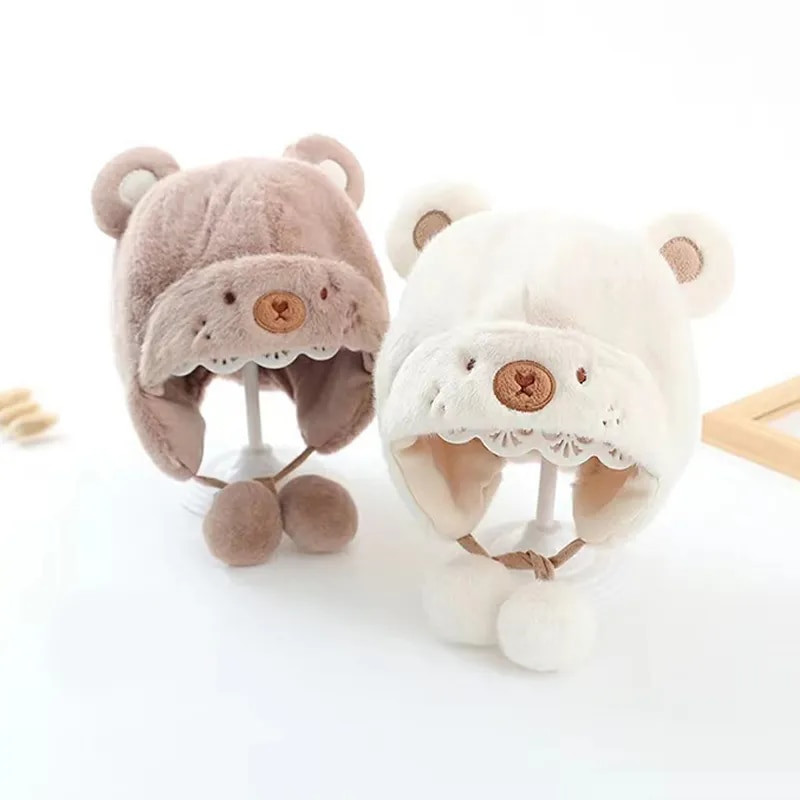 Kūdikiui minkšta pliušinė šilta kepurė žiema berniukui mergaitei miela animacinių filmų meškiukas pūkuotas kailiukas kepuraitė lauke stora ausų apsauga gaubtas