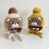 Zimska dječja pletena kapa s velikim pompom od janjeće vune, mala djeca, slatki medo, debela topla kapa za van, za dječake, djevojčice, kapa za zaštitu ušiju