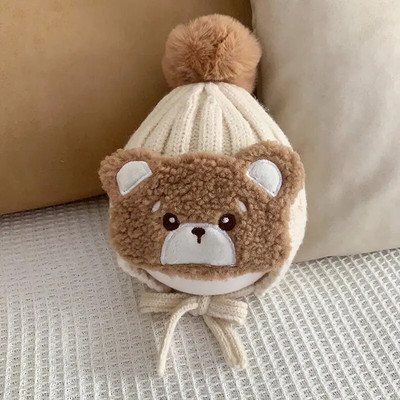 Zimska dječja pletena kapa s velikim pompom od janjeće vune, mala djeca, slatki medo, debela topla kapa za van, za dječake, djevojčice, kapa za zaštitu ušiju