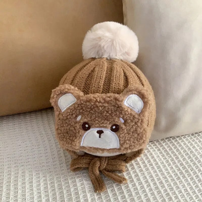 Zimska dječja pletena kapa s velikim pompom od janjeće vune, mala djeca, slatki medo, debela topla kapa za van, za dječake, djevojčice, kapa za zaštitu ušiju