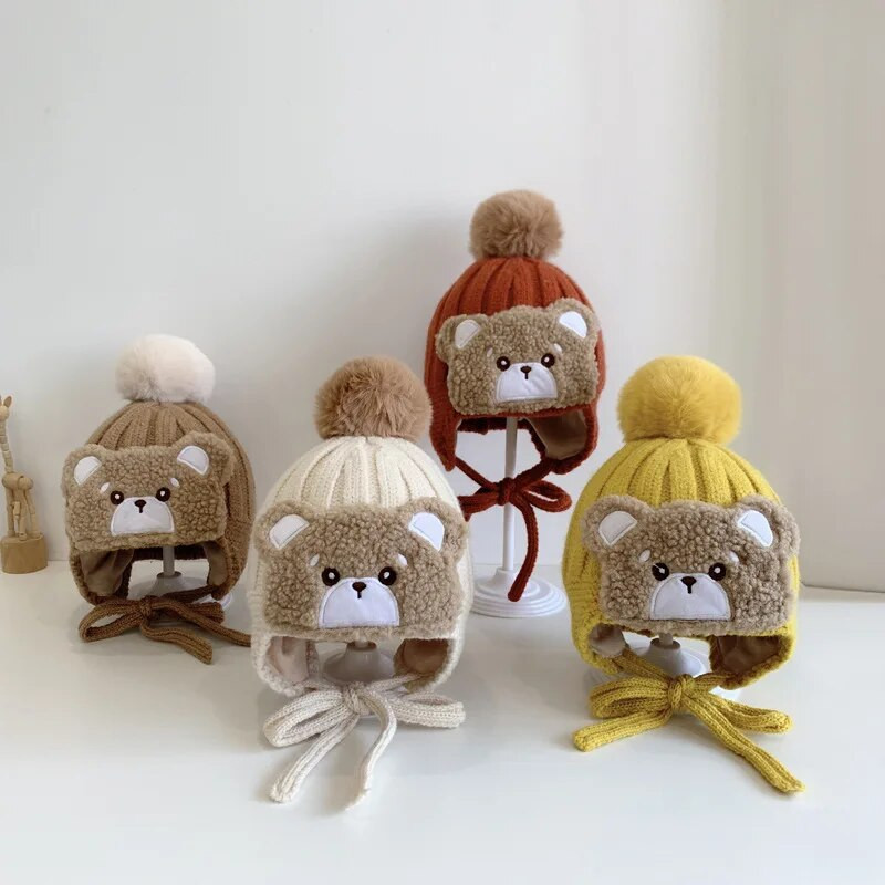 Zimska dječja pletena kapa s velikim pompom od janjeće vune, mala djeca, slatki medo, debela topla kapa za van, za dječake, djevojčice, kapa za zaštitu ušiju