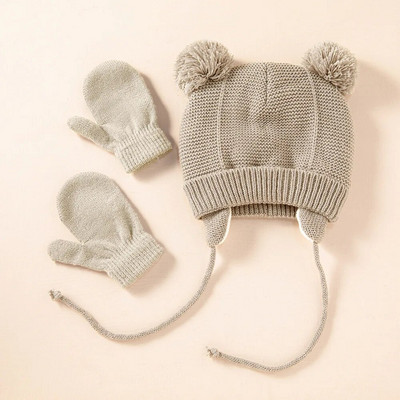 Drăguț tricotat pălărie pentru bebeluș cu pompon, groasă, caldă, fată, băiat, căciulă de iarnă pentru urechi, set de șapcă caldă pentru copii, mănuși, pălării, bonetă pentru nou-născut
