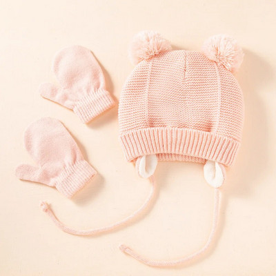 Drăguț tricotat pălărie pentru bebeluș cu pompon, groasă, caldă, fată, băiat, căciulă de iarnă pentru urechi, set de șapcă caldă pentru copii, mănuși, pălării, bonetă pentru nou-născut