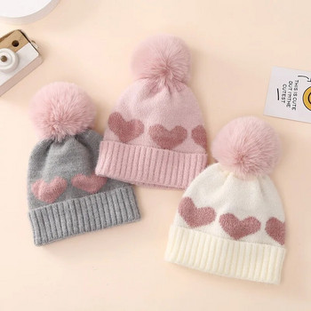 2023 Нови есенно-зимни бебешки плетени шапки за момичета Акрилни удебеляващи топли шапки за малко дете Сладко сърце Шапки за новородени за 0-12 месеца