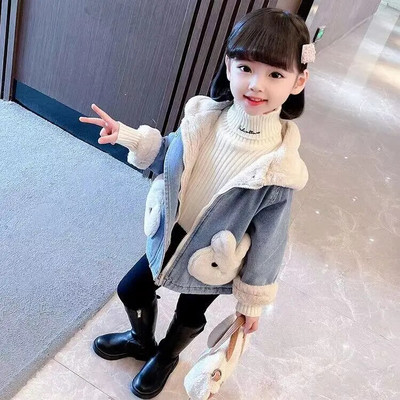 Lapsed Tüdrukud Karusnahad Kapuutsiga mantlid Pluss Velvet Paks Denim Laste Lumiriided Pikad Parkad Tüdrukutele Soojad Komplektid Tüdrukute Riided 2-8 a.