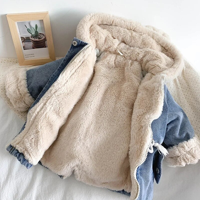 Lapsed Tüdrukud Karusnahad Kapuutsiga mantlid Pluss Velvet Paks Denim Laste Lumiriided Pikad Parkad Tüdrukutele Soojad Komplektid Tüdrukute Riided 2-8 a.