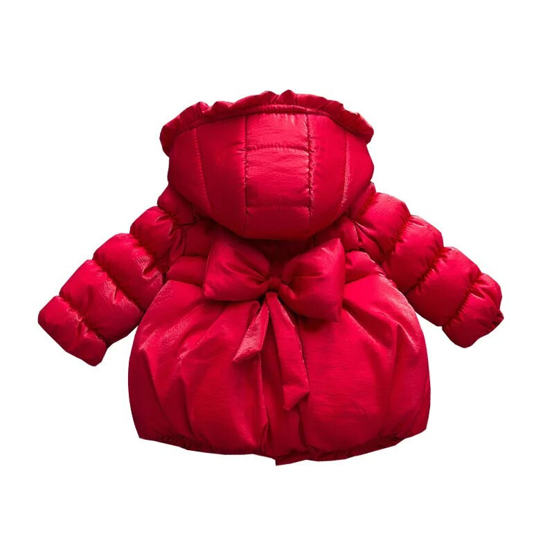 Κοριτσάκι που κάτω Χειμερινό χοντρό κόκκινο μωρό παλτό Πρωτοχρονιάτικο χριστουγεννιάτικο φιόγκο με κουκούλα Παιδικό κορίτσι Πάρκα Παιδικά μπουφάν για κορίτσια
