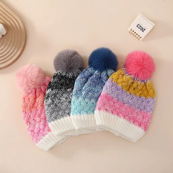 Бебешка шапка Suefunskry, мека, лека плетена шапка с контрастен цвят, зимна топла шапка със сладка плюшена топка