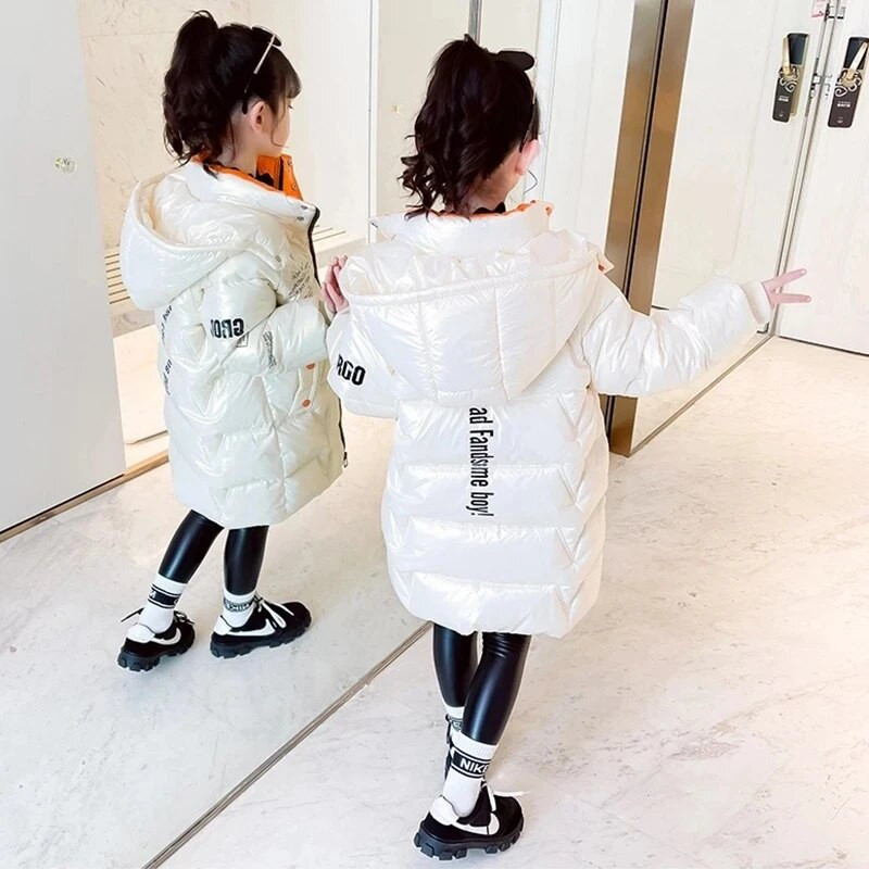 Χειμερινό πουπουλένιο μπουφάν για κορίτσια Μόδα Γυαλιστερή αδιάβροχη κουκούλα Παιδικά πανωφόρια 5-12 ετών Έφηβοι Παιδική φόρμα χιονιού Parka