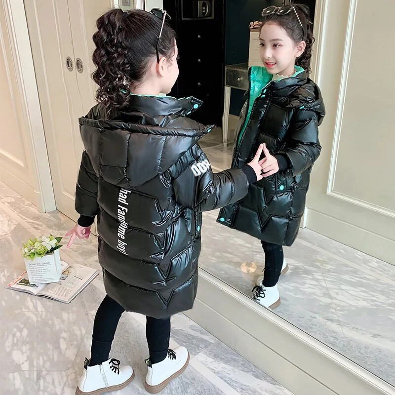 Χειμερινό πουπουλένιο μπουφάν για κορίτσια Μόδα Γυαλιστερή αδιάβροχη κουκούλα Παιδικά πανωφόρια 5-12 ετών Έφηβοι Παιδική φόρμα χιονιού Parka