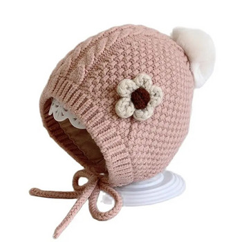 Зимна бебешка шапка с подплата Ушанки за бебета Топли шапки Сладка ръчно изработена плетена на една кука шапка с помпон Шапка с боне за малко дете Новородено