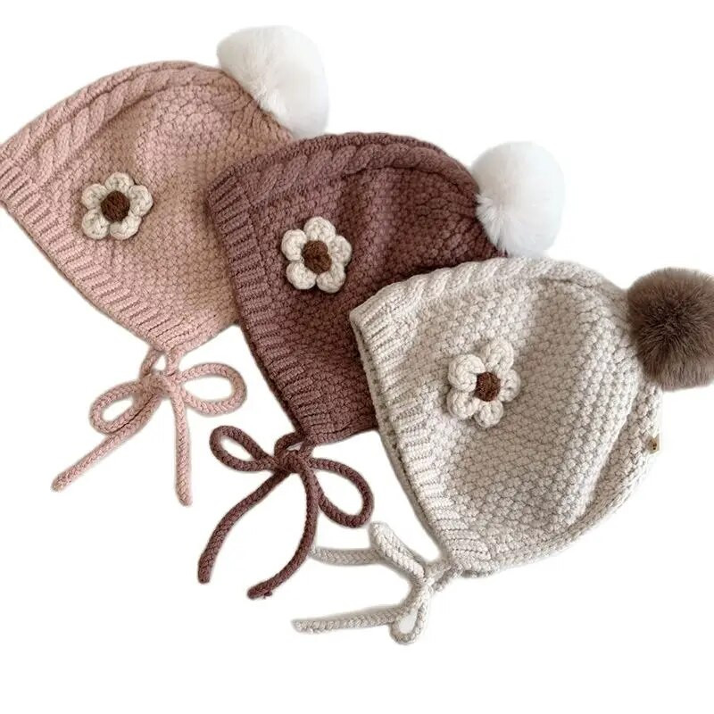 Χειμερινό βρεφικό καπέλο με φόδρα για βρεφικά αυτιά Ζεστά φασόλια Χαριτωμένα χειροποίητα βελονάκι καπέλο πομπομ για νήπιο Καπέλο καπό νεογέννητο