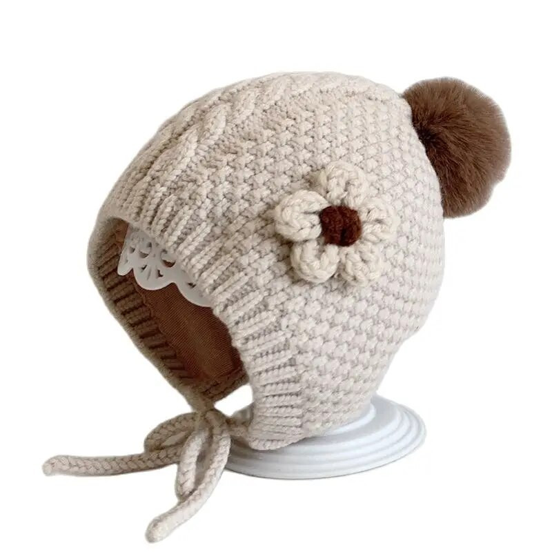 Χειμερινό βρεφικό καπέλο με φόδρα για βρεφικά αυτιά Ζεστά φασόλια Χαριτωμένα χειροποίητα βελονάκι καπέλο πομπομ για νήπιο Καπέλο καπό νεογέννητο