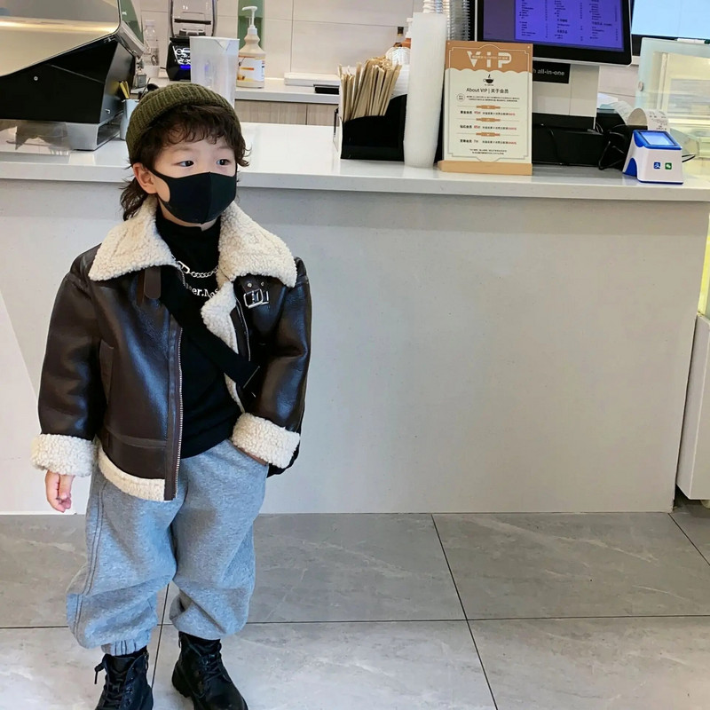 Berniukams Mergaitėms Žieminė Odinė Striukė Užtrauktukas Šilta Atverčiama apykaklė Vaikiškas Paltas Madingas Vilnos pamušalas Stori Vaikiški viršutiniai drabužiai
