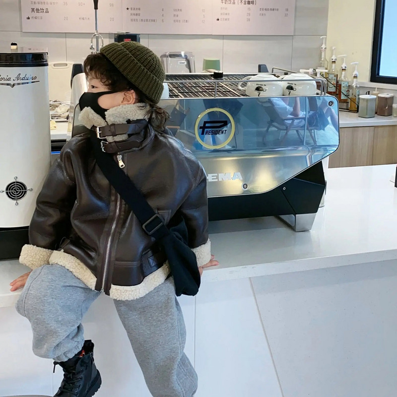 Berniukams Mergaitėms Žieminė Odinė Striukė Užtrauktukas Šilta Atverčiama apykaklė Vaikiškas Paltas Madingas Vilnos pamušalas Stori Vaikiški viršutiniai drabužiai