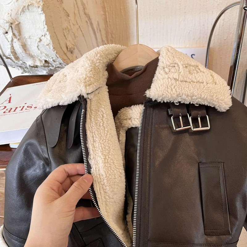 Berniukams Mergaitėms Žieminė Odinė Striukė Užtrauktukas Šilta Atverčiama apykaklė Vaikiškas Paltas Madingas Vilnos pamušalas Stori Vaikiški viršutiniai drabužiai