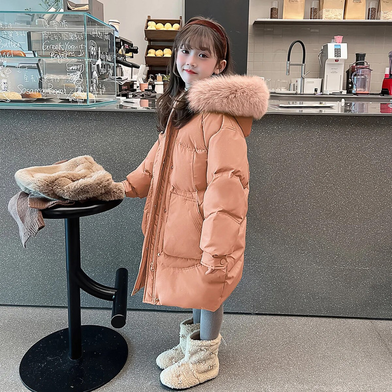 Rudens žiema mergaičių kailinė apykaklė su gobtuvu šilta parka vaikams oranžinė ilgos striukės didelės kišenės vaikams užtrauktukas laisvas medvilninis paltas XMP394
