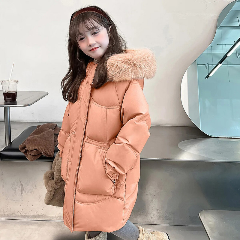 Rudens žiema mergaičių kailinė apykaklė su gobtuvu šilta parka vaikams oranžinė ilgos striukės didelės kišenės vaikams užtrauktukas laisvas medvilninis paltas XMP394