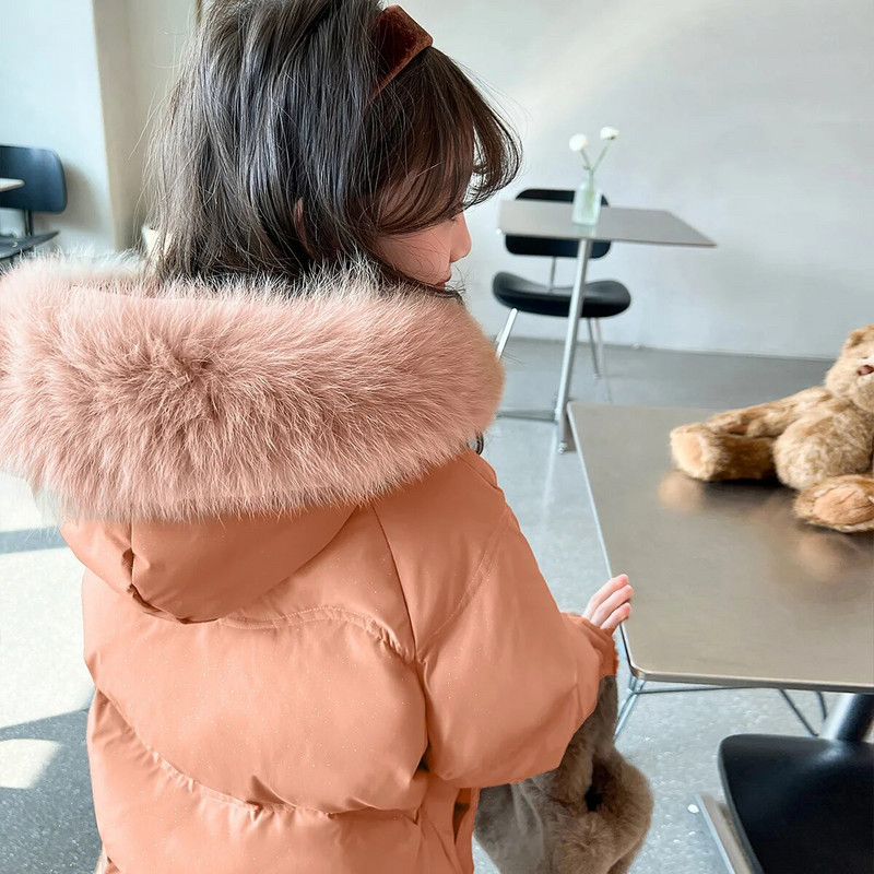 Rudens žiema mergaičių kailinė apykaklė su gobtuvu šilta parka vaikams oranžinė ilgos striukės didelės kišenės vaikams užtrauktukas laisvas medvilninis paltas XMP394