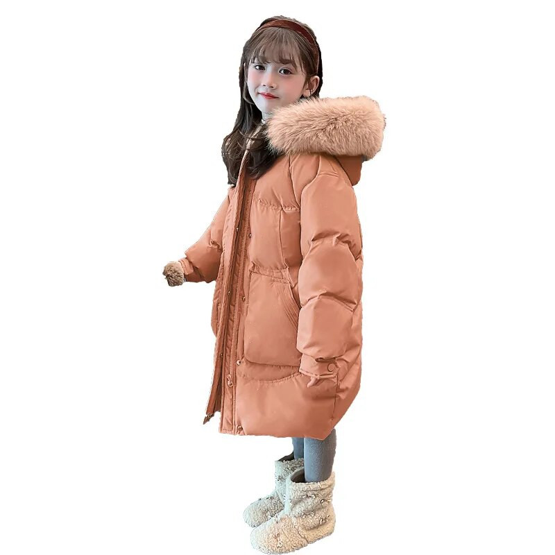 Rudens žiema mergaičių kailinė apykaklė su gobtuvu šilta parka vaikams oranžinė ilgos striukės didelės kišenės vaikams užtrauktukas laisvas medvilninis paltas XMP394