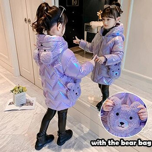 4-12 metų mergaičių paltas Madingos ilgos pūkinės striukės mergaitėms žieminės storos šiltos parkas sniego kostiumas mielas meškiukas su gobtuvu vaikiškais viršutiniais drabužiais