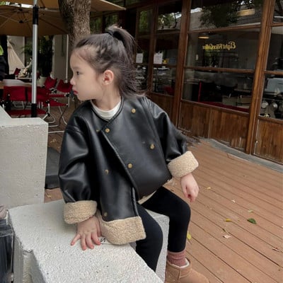 Talvine poiste ja tüdrukute nahkmantel Pehme nahk, plüüsi ja paksendatud ülerõivastega jope Sügisene lasteriiete kardigan