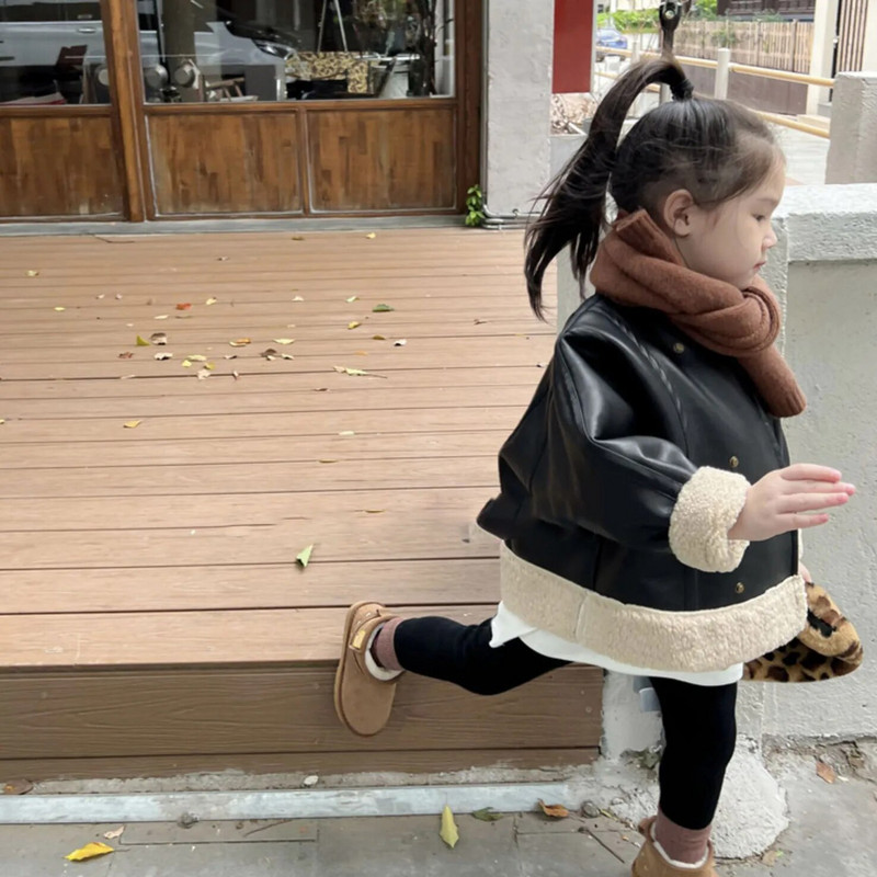 Talvine poiste ja tüdrukute nahkmantel Pehme nahk, plüüsi ja paksendatud ülerõivastega jope Sügisene lasteriiete kardigan