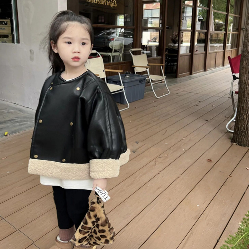 Talvine poiste ja tüdrukute nahkmantel Pehme nahk, plüüsi ja paksendatud ülerõivastega jope Sügisene lasteriiete kardigan