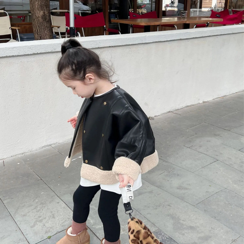 Talvine poiste ja tüdrukute nahkmantel Pehme nahk, plüüsi ja paksendatud ülerõivastega jope Sügisene lasteriiete kardigan