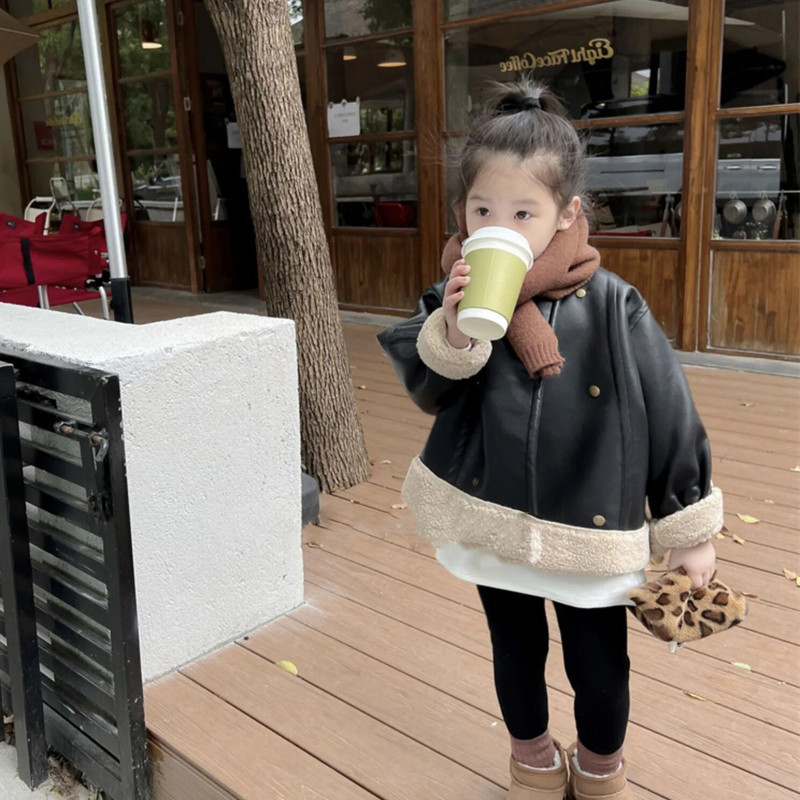 Talvine poiste ja tüdrukute nahkmantel Pehme nahk, plüüsi ja paksendatud ülerõivastega jope Sügisene lasteriiete kardigan