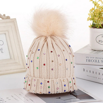 Детска бебешка шапка с вълнен подгъв за плетене Затопляща зимна шапка с кристали Hiarball Детска зимна шапка за лов
