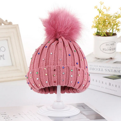 Lapsed Beebi kudumine Villane ääristatud müts Hoia soojas Talvine Hiarball Rhinestone Cap Laste Talvine Jahimüts
