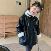 Χειμερινό φθινόπωρο για κορίτσια Pu μπουφάν Βρεφικό μπουφάν Παιδικό παλτό Παιδικό μπλουζάκι Fashion faux δέρμα Ζεστό βελούδινο αγκράφα Coul 2-7Y