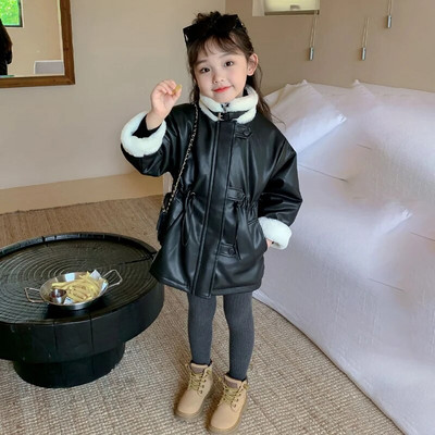 Χειμερινό φθινόπωρο για κορίτσια Pu μπουφάν Βρεφικό μπουφάν Παιδικό παλτό Παιδικό μπλουζάκι Fashion faux δέρμα Ζεστό βελούδινο αγκράφα Coul 2-7Y