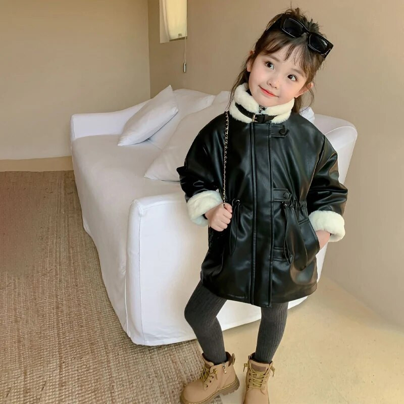 Χειμερινό φθινόπωρο για κορίτσια Pu μπουφάν Βρεφικό μπουφάν Παιδικό παλτό Παιδικό μπλουζάκι Fashion faux δέρμα Ζεστό βελούδινο αγκράφα Coul 2-7Y