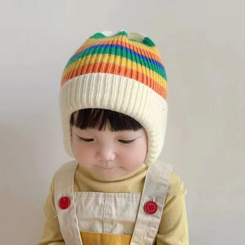 Зимна бебешка плетена шапка Шапка с шапка с корейски райета за малки деца Момчета Момичета Цветни детски топли предпазни шапки за уши Боне