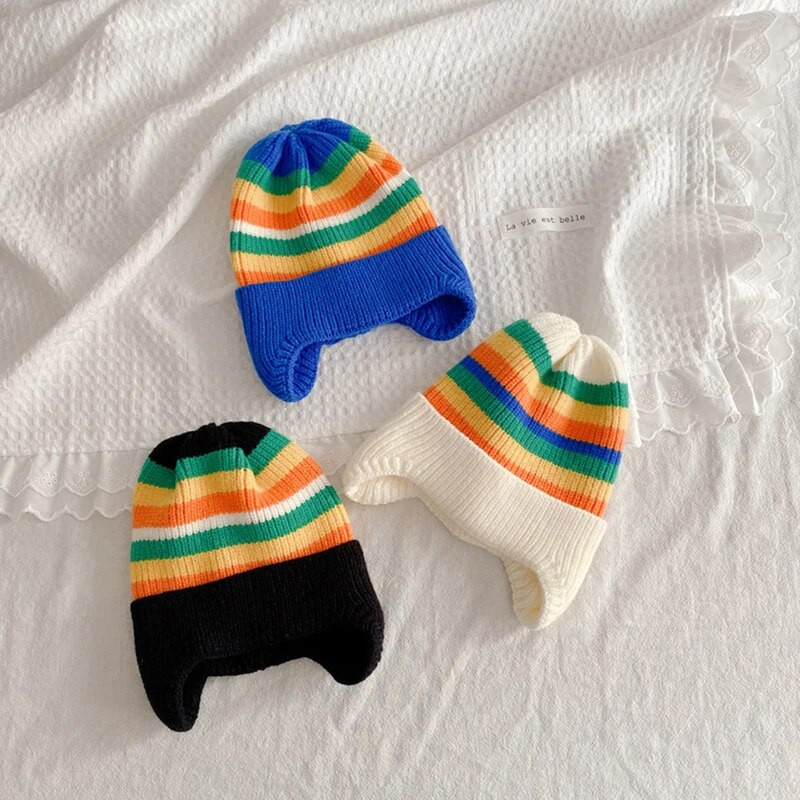 Žieminė kūdikių megzta kepurė Korėjietiška dryžuota vaivorykštinė kepurė, skirta mažiems berniukams mergaitėms, spalvingoms vaikams, šiltoms ausų apsaugos kepuraitėms.