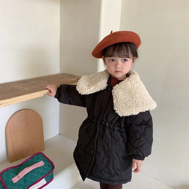 Mergaičių ilga medvilnine paminkštinta striukė, žiema 2022 m. Korėjos vienspalvė stora, šilta vaikų apykaklės apykakle, juosmens viršutiniai drabužiai ir paltai