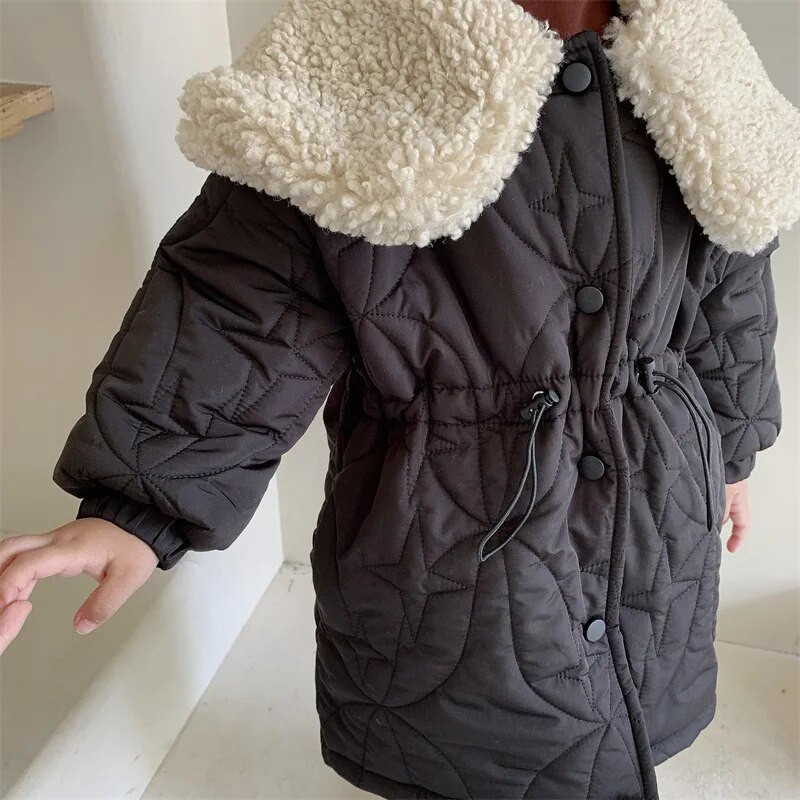 Mergaičių ilga medvilnine paminkštinta striukė, žiema 2022 m. Korėjos vienspalvė stora, šilta vaikų apykaklės apykakle, juosmens viršutiniai drabužiai ir paltai