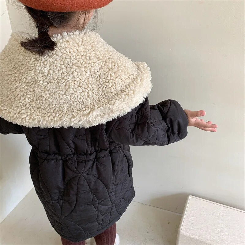 Mergaičių ilga medvilnine paminkštinta striukė, žiema 2022 m. Korėjos vienspalvė stora, šilta vaikų apykaklės apykakle, juosmens viršutiniai drabužiai ir paltai